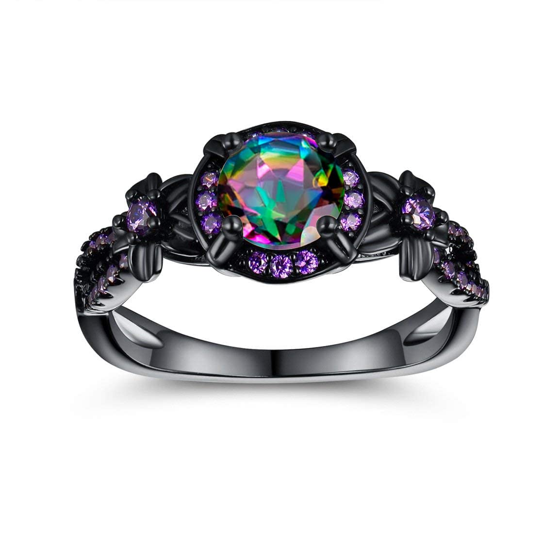 Black Rings for Women,Eternity Rings Rainbow CZ Created Amethyst Gemstone Wedding Engagement Band for Bride Dainty Jewelry Gifts (7)