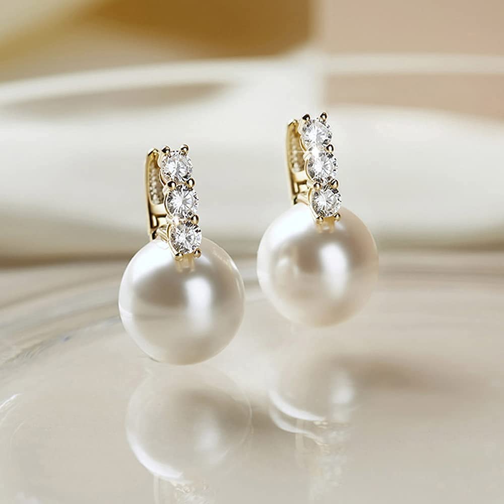 Pearl Earrings for Women 14K Gold Plated Hypoallergenic Pearl Earrings 5A Cubic Zirconia Dangle Earrings Elegant Jewelry (1-Gold-brown)