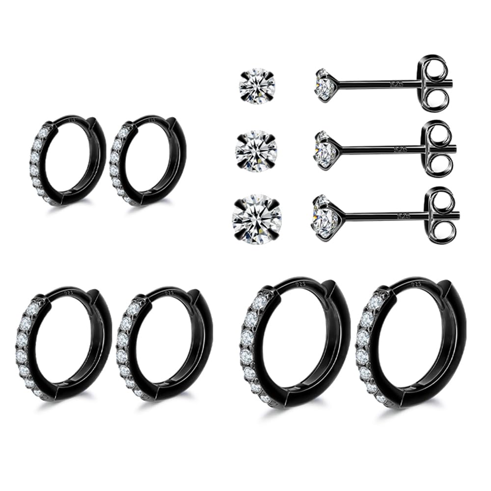 Black Hoop Earrings Sterling Silver Stud Earrings for Men Women 6 Pairs Hypoallergenic Tiny Cubic Zirconia Stud Set Cartilage Hoops 6mm 8mm 10mm