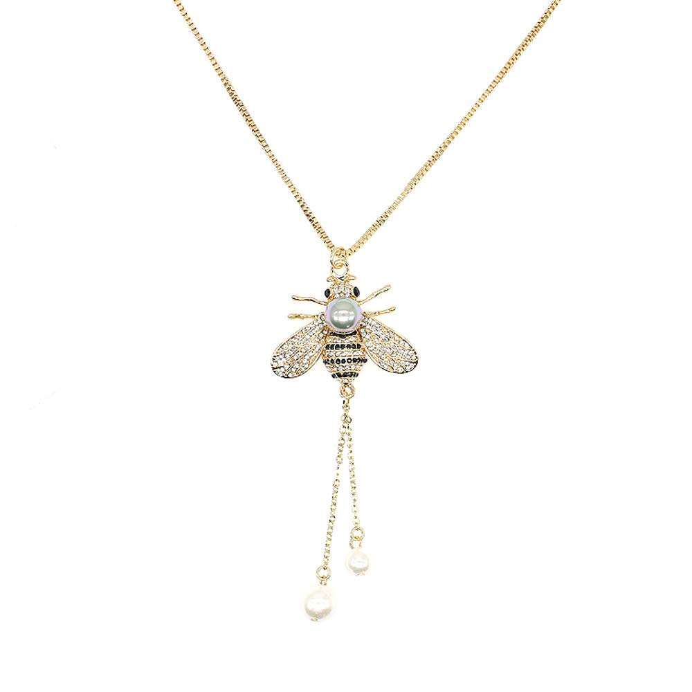 Honey Bee Necklace Crystal Insect Themed Bee Necklace Animal Fashion Shell Pearl Long Necklaces 14k Gold Plated for Women Jewelry(Gray pearl necklace)