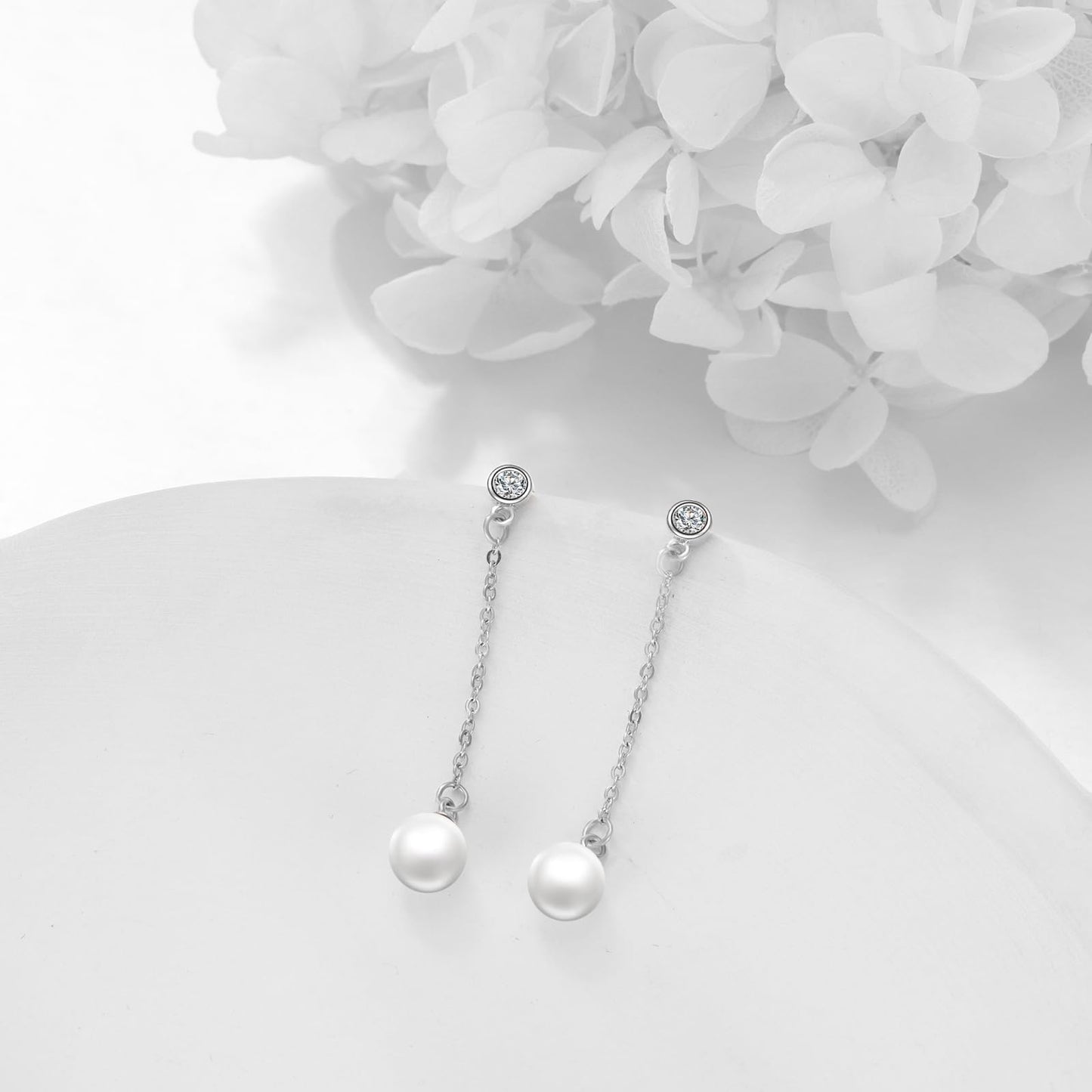 POPLYKE Pearl Drop Earrings Sterling Silver Threader Pearl Long Chain Earrings Jewelry Gifts for Women Wedding Bridesmaids(White Gold)