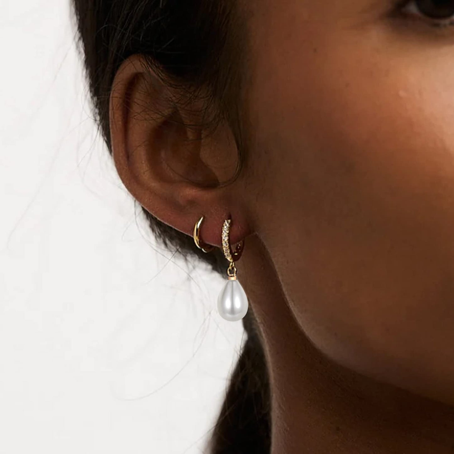 CERSLIMO Gold Pearl Drop Earrings for Women | S925 Sterling Silver Post Simulated Shell Teardrop Pearl Hoop Dangle Earrings, Hypoallergenic Cubic Zirconia Huggies Earrings Bridesmaid Jewelry