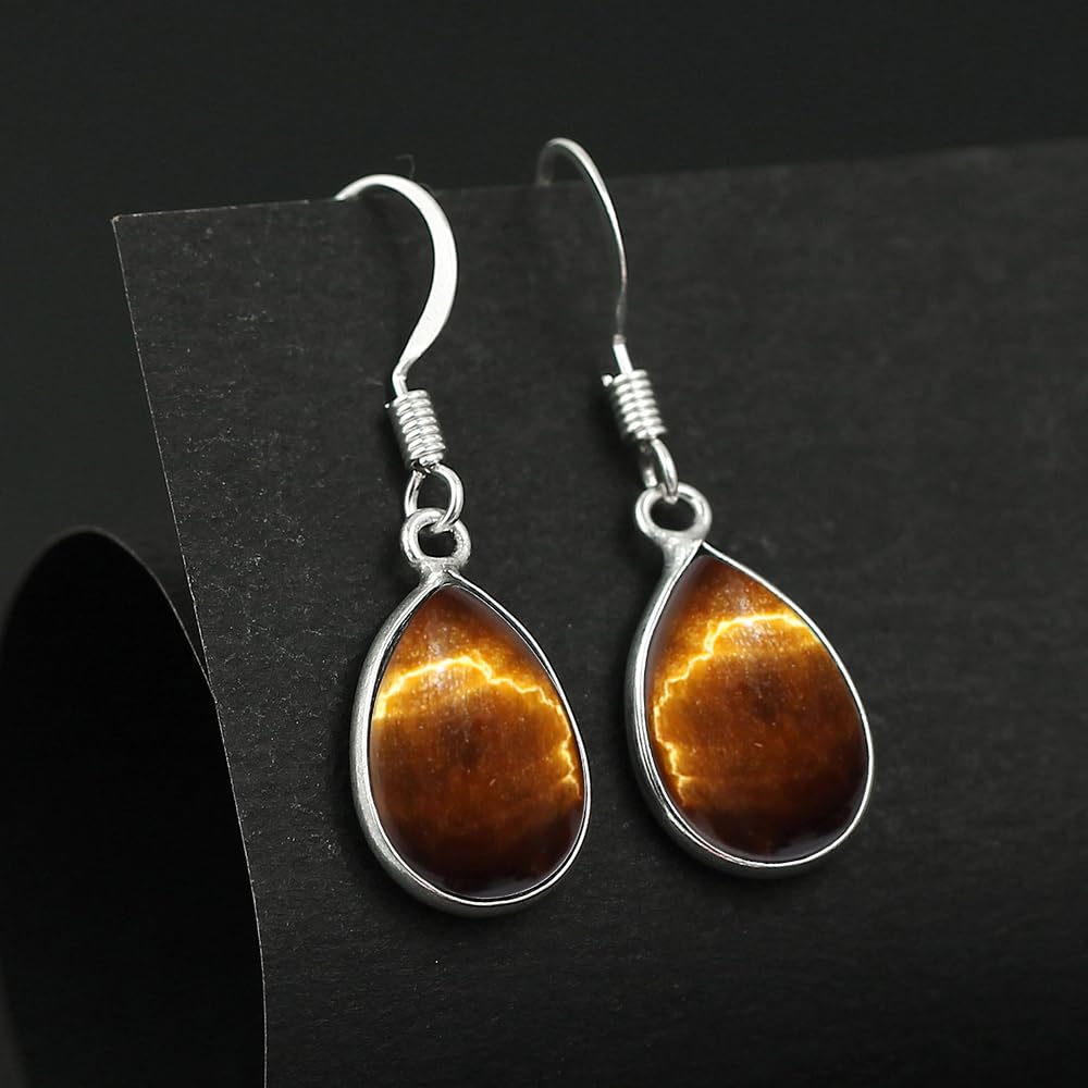 Natural Tiger Eye Sterling Silver Plated Dangle Earrings for Women - Brown Gemstone June Birthstone Teardrop Shape Dangle & Drop Handmade Earrings Jewelry - Gifts for Her