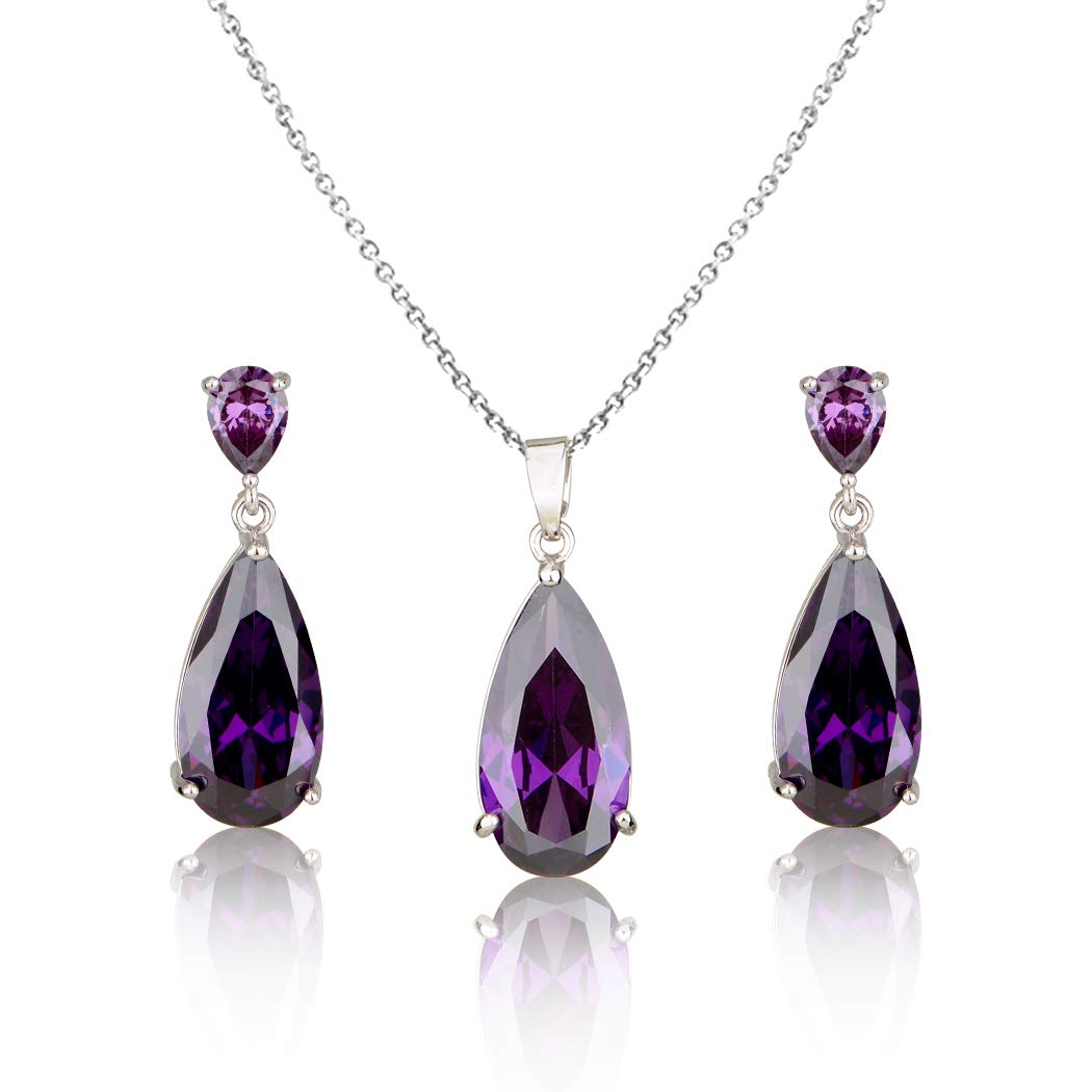Mycitta Bridal Jewelry Set for Wedding - Amethyst Purple Teardrop Cubic Zirconia Crystal CZ Rhinestone Pendant Necklace Set for Mother of Bride Prom Party Formal Jewelry
