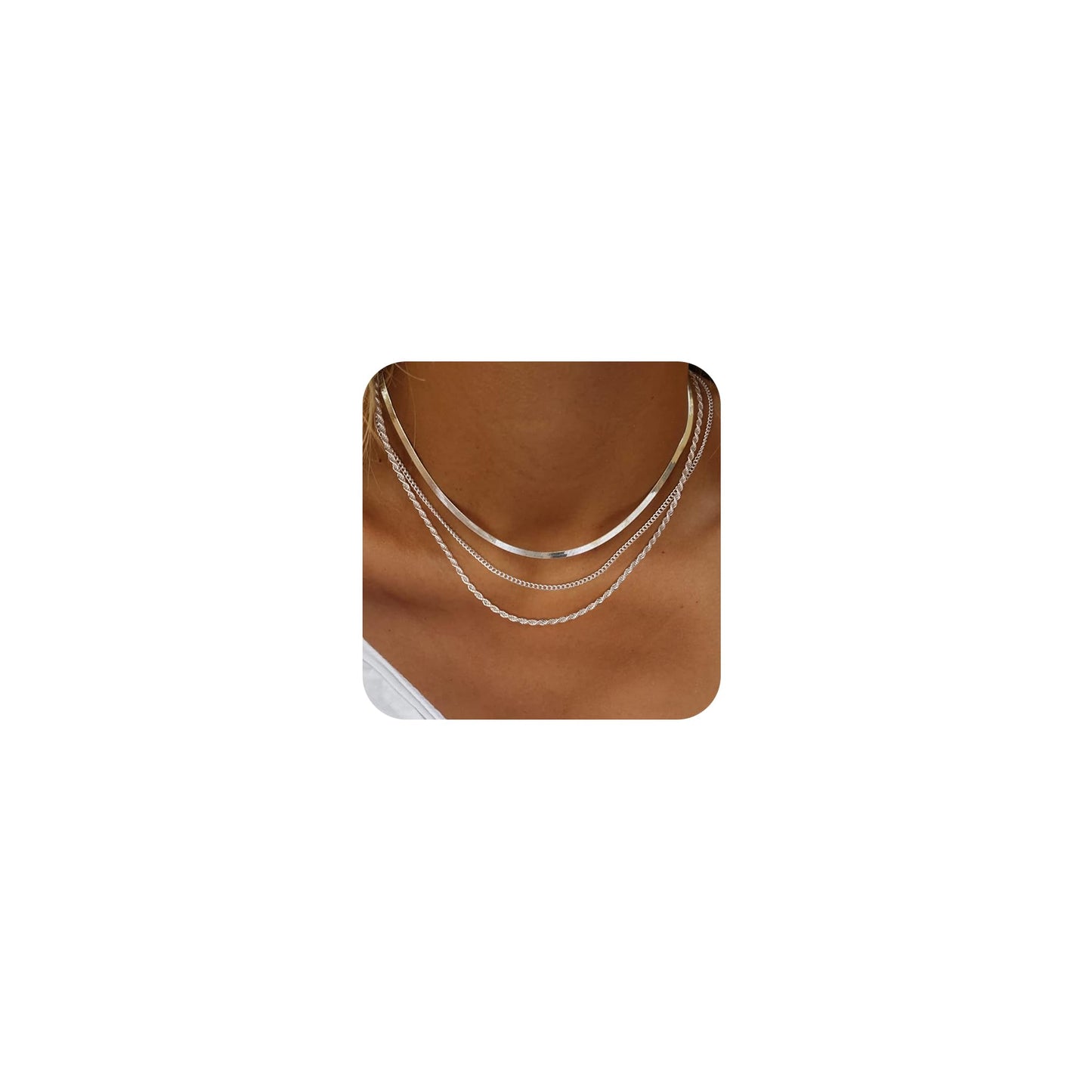 Freekiss Silver Herringbone Necklace for Women, Layered 925 Sterling Silver Necklace for Women Simple Dainty Cuban Rope Snake Link Chain Necklace Set Chunky Choker Silver Womens Jewelry Gifts