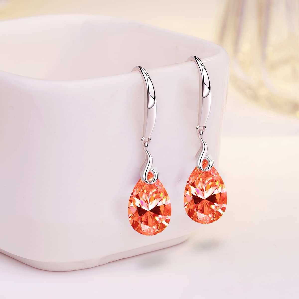 Silver Dangle Earring 14k White Gold Plated 925 Sterling Silver 12mm Pear Shape Naked Drill Crystal Drop Earrings For Women (Pear Shape-Champagne)
