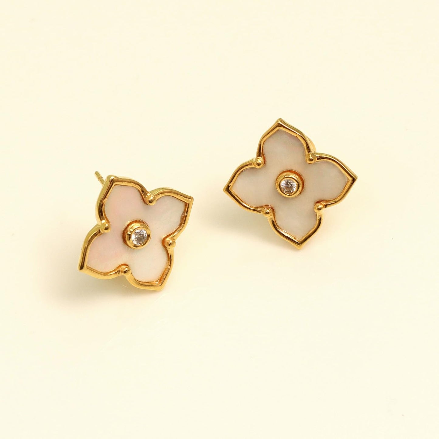 LeCalla 925 Sterling Silver MOP Omega Back Clip-On Earring 14K Gold Plated CZ Mother of Pearl Minimalist Malachite Flower Large Stud Earrings for Women - 20MM