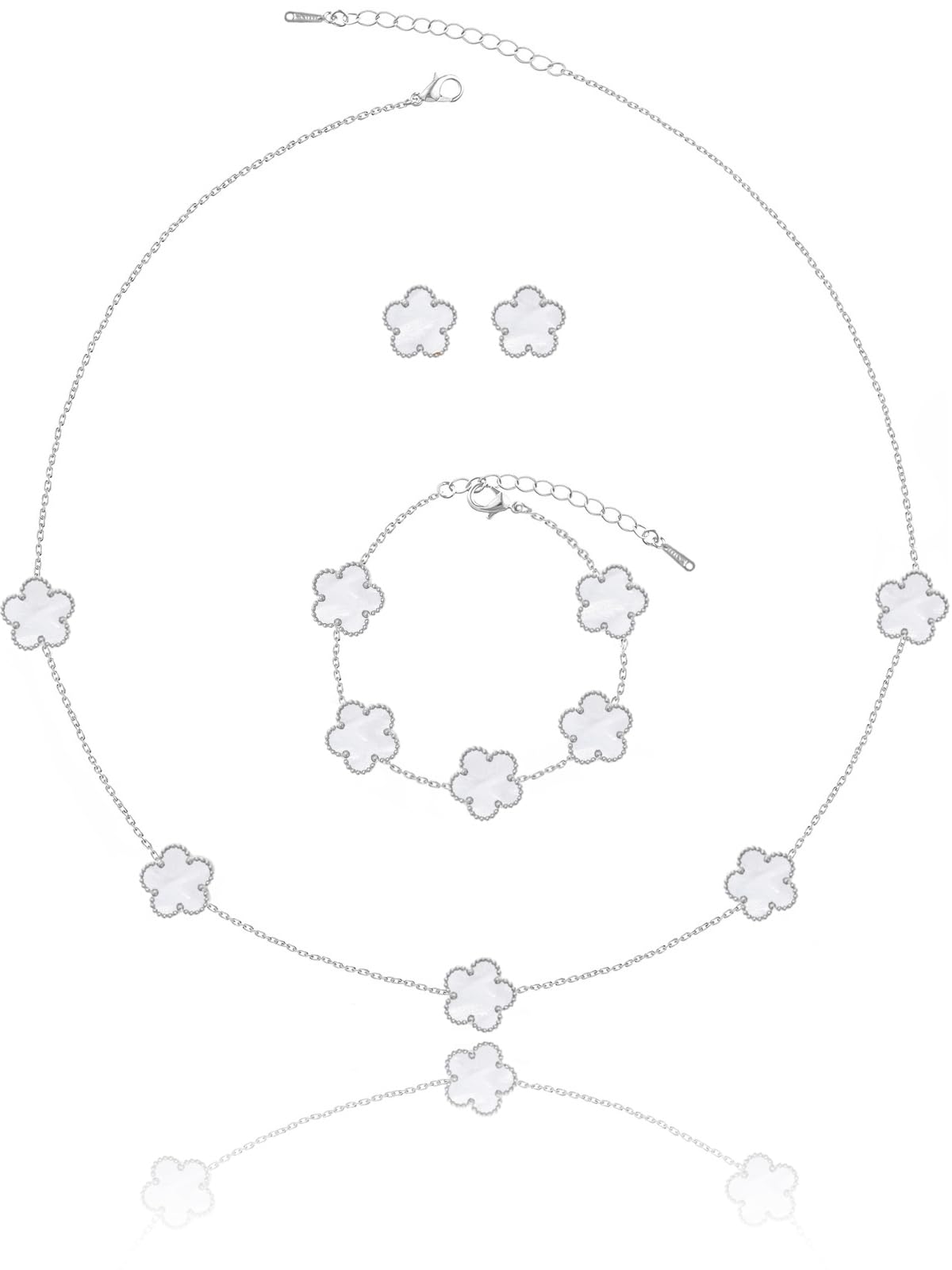 Qinpan Five Leaf Clover Necklace Bracelet and Stud Set for Women Lucky Flower Jewelry (White-Stainless Steel)