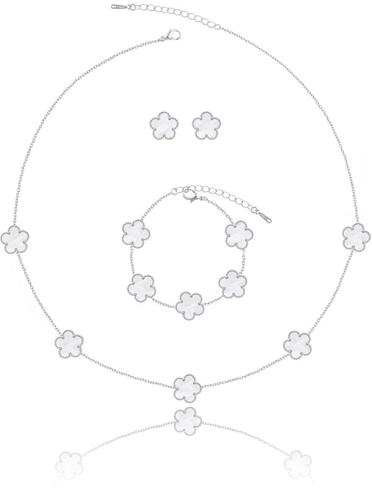 Qinpan Five Leaf Clover Necklace Bracelet and Stud Set for Women Lucky Flower Jewelry (White-Stainless Steel)