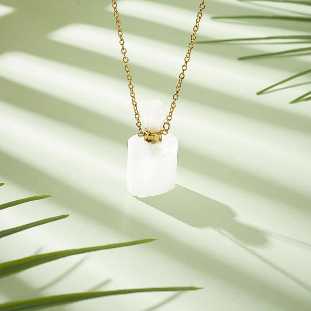 PH PandaHall Stone Essential Oil Necklace, Natural Quartz Crystal Perfume Bottle Necklace Rectangle Clear Crystal Vial Necklaces with Golden Chain for Women Jewelry, 1 Piece