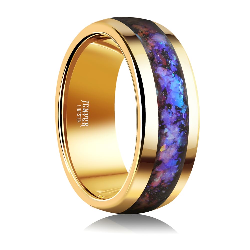 JEWPER 8mm Men Womens Wedding Band Tungsten Rings Gold Fashion Promise Carbide Inlaid Galaxy Sandstone Matte Finish Edge Comfort Fit Size(9)