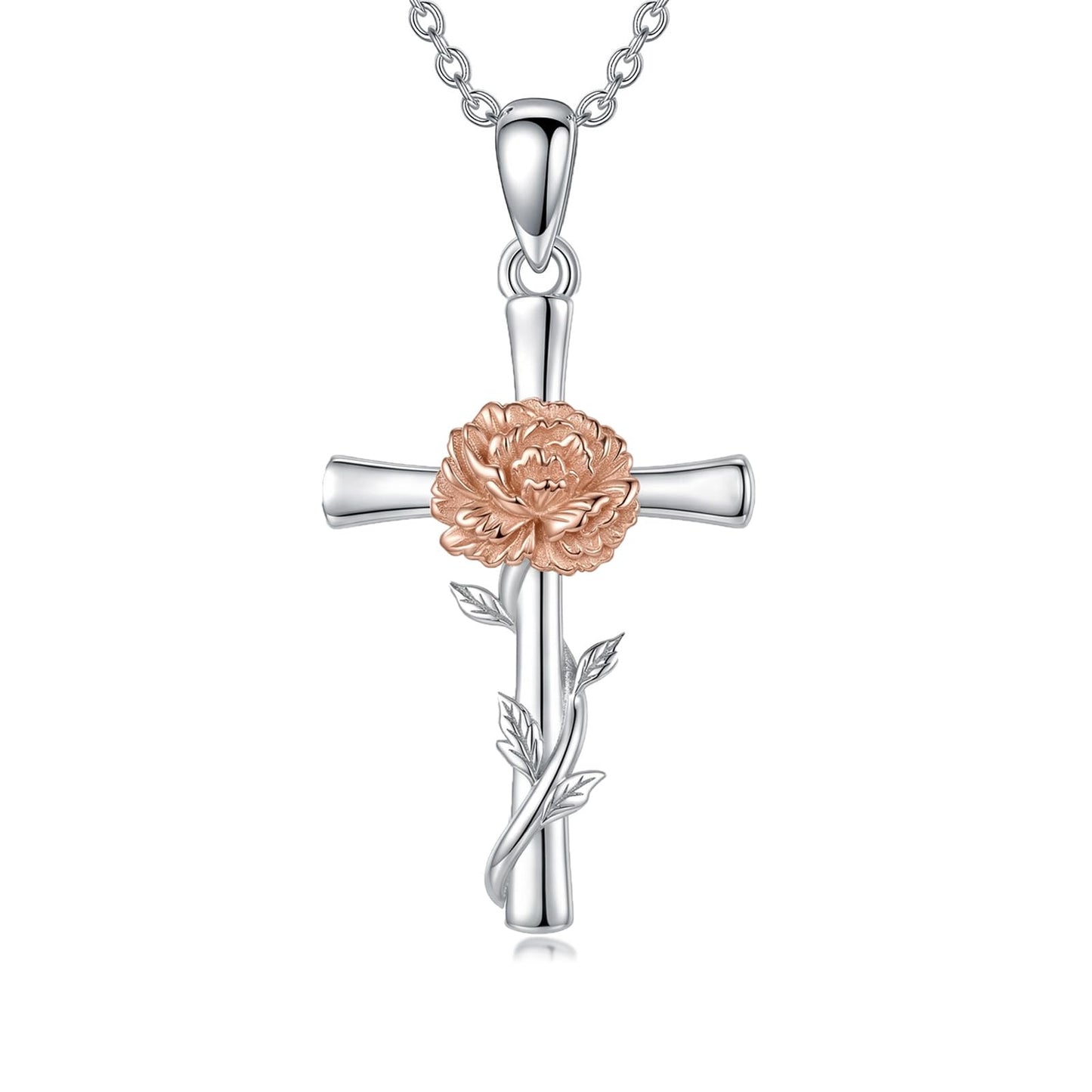 Cargari Carnation Cross Necklace for Women 925 Sterling Silver Carnation Flower Necklace Christian Religious Flower Jewelry Gift for Women