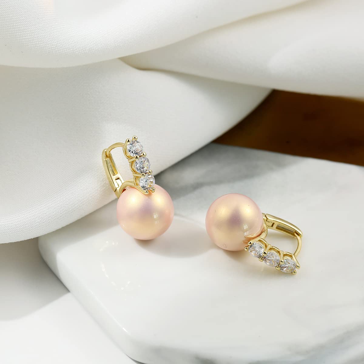 Pearl Earrings for Women 14K Gold Plated Hypoallergenic Pearl Earrings 5A Cubic Zirconia Dangle Earrings Elegant Jewelry (1-Gold -pink)