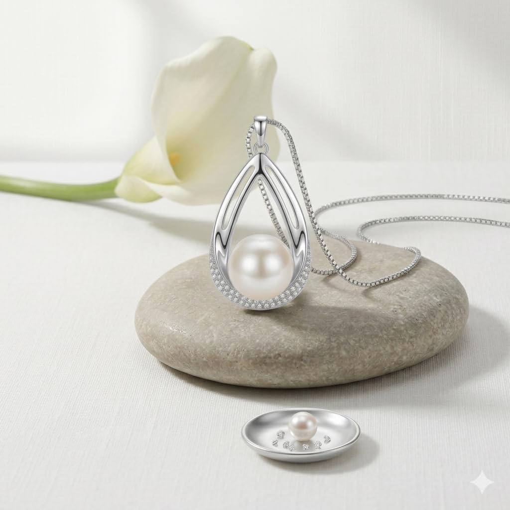 NONNYL Real Pearl Necklace, S925 Sterling Silver Teardrop Cultured Pearl Pendant, Christmas Jewelry Gifts for Women Her, Elegant Anniversary Birthday Gifts for Wife Mom, With Luxury Gift Box