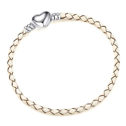 OutstandLong 3mm White Leather Bracelet Heart Barrel Snap Clasp Handmade Braided Wristband for Pandora European Charm Bead DIY Jewelry 21CM
