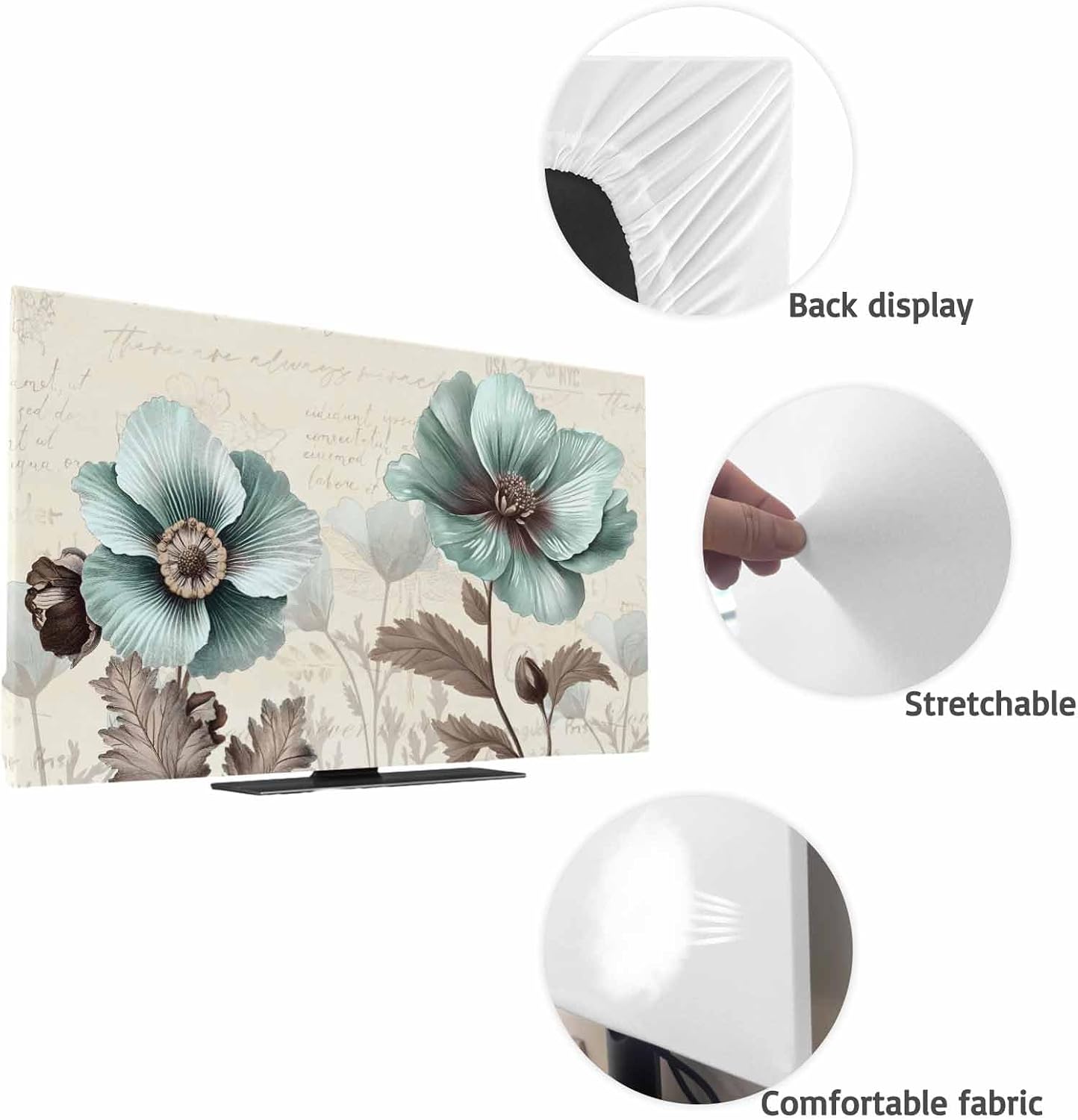 Yukro 65 Inch, 57"x32" Victorian Style Indoor TV Dust Cover, Vintage Blue Flowers Broccoli Elastic TV Dustproof Cover