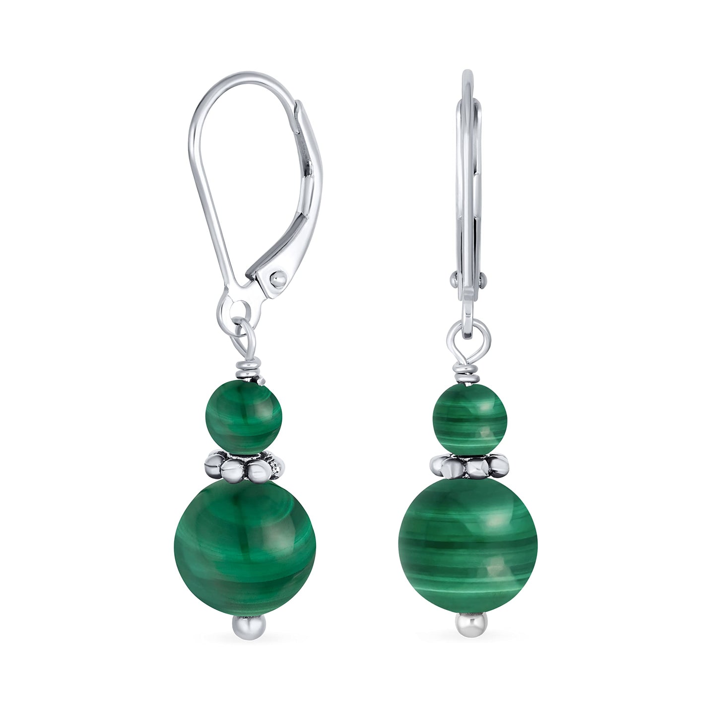 Bling Jewelry Bali Style .925 Sterling Silver Green Malachite Bead 3MM & 8mm Balls Drop Earrings Milgrain Rondel Separator Lever Back Genuine Gemstone