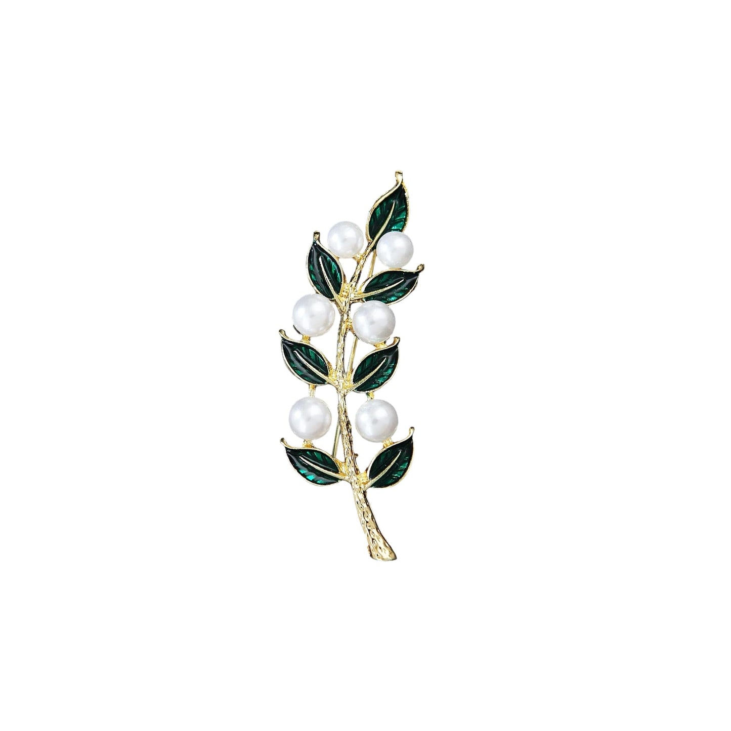 Enamel Olive Leaf Brooch Pin with White Pearl, Green Leaves Brooch for Women, Wedding Bridal Party Jewelry, Mother Wife Gift for Christmas Valentines Day (Gold)