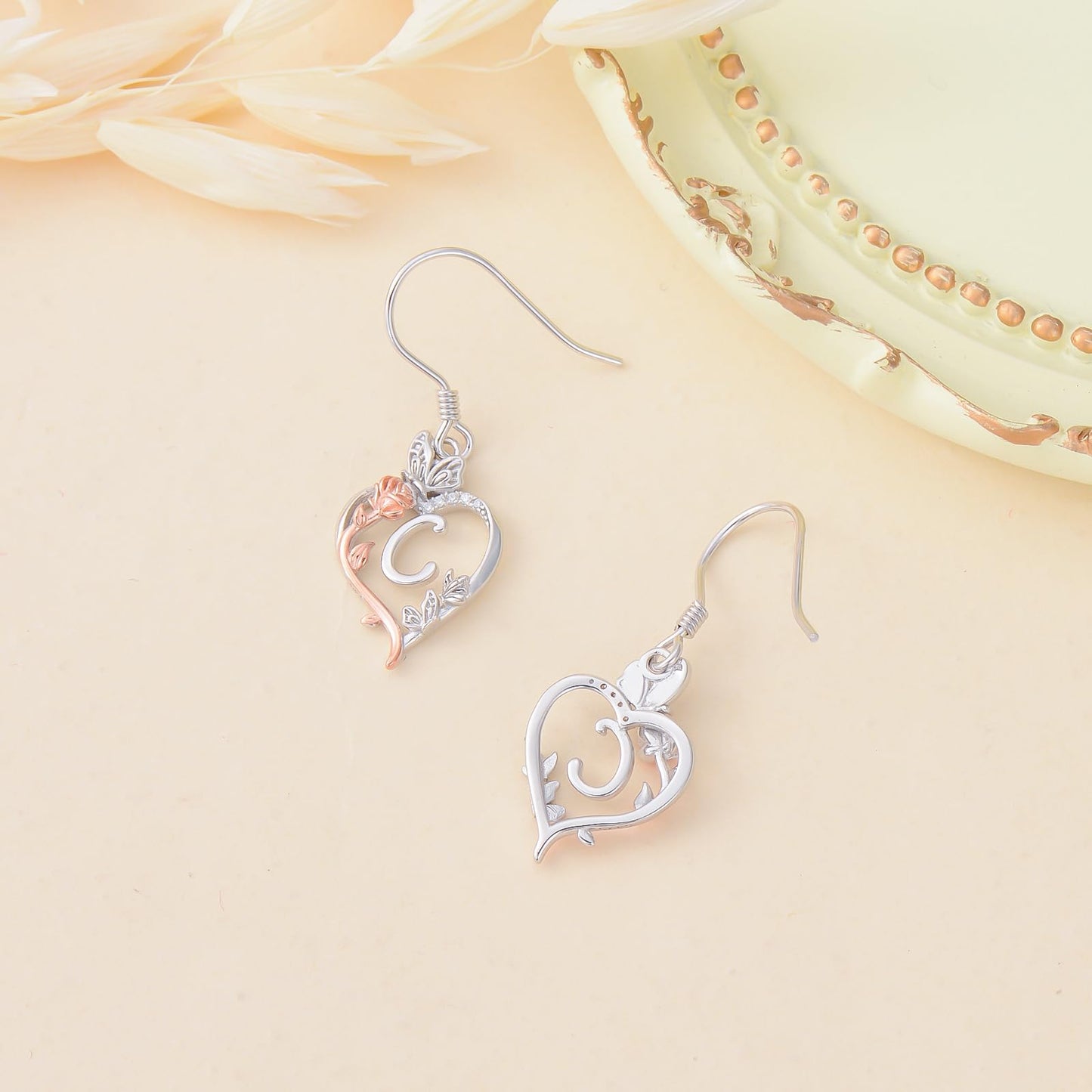 TOUPOP Rose Heart Initial Earrings Sterling Silver Butterfly Earring Initial C Letter Drop Dangle Earrings Jewelry Anniversary Birthday Mothers Day Gifts for Women Mom Wife Girlfriend Her