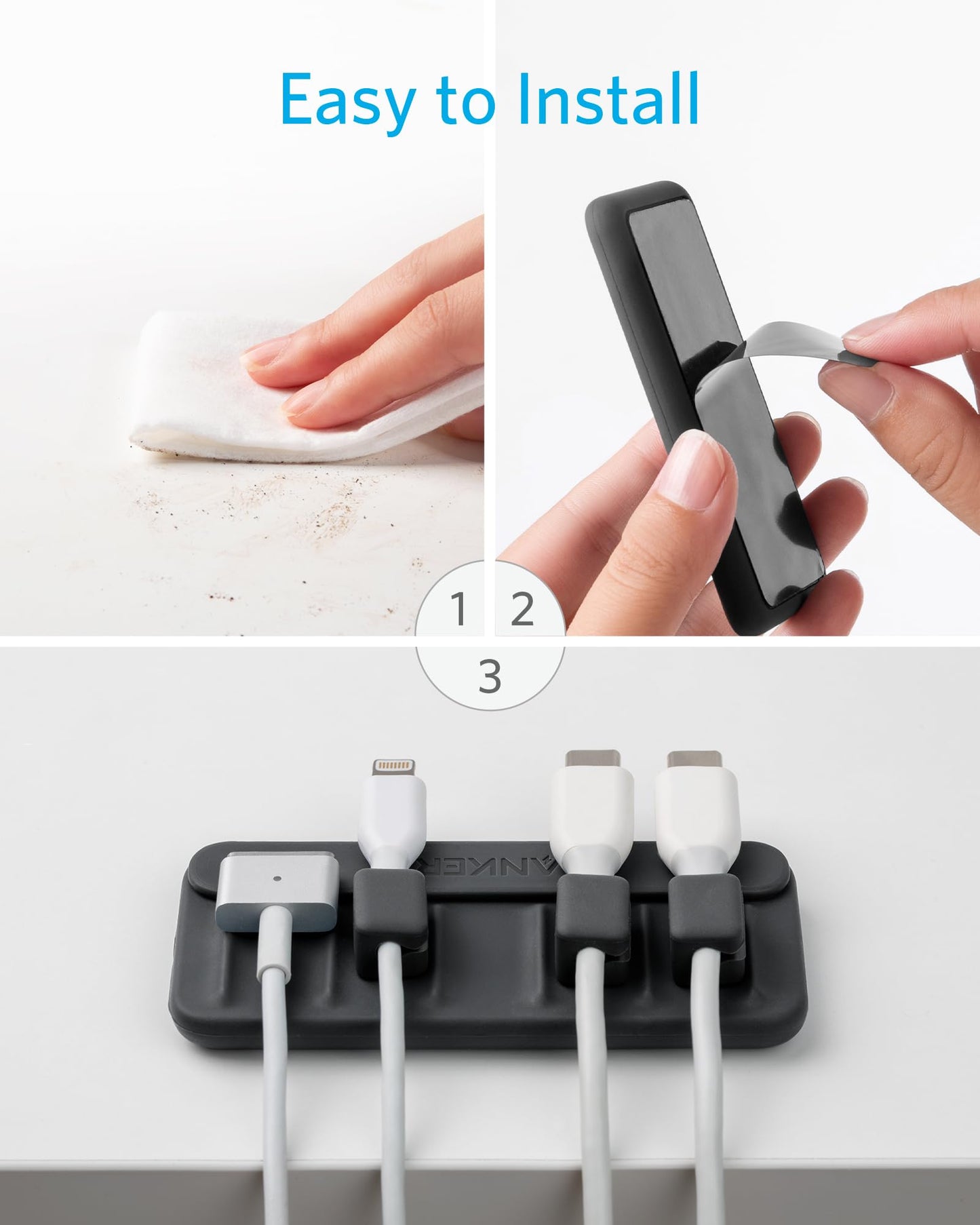 Anker Multipurpose Cord Keeper - 5 Clips for Lightning, USB C, Micro Cables & Other Wires - Sticks to Wood, Marble, Metal, Glass (Black)