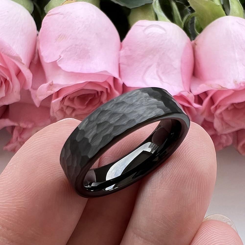 TUTISS 6mm Black Hammered Tungsten Carbide Rings for Men Women Fashion Engagement Wedding Bands Matte Finish I Love You Engraved Comfort Fit Size 10