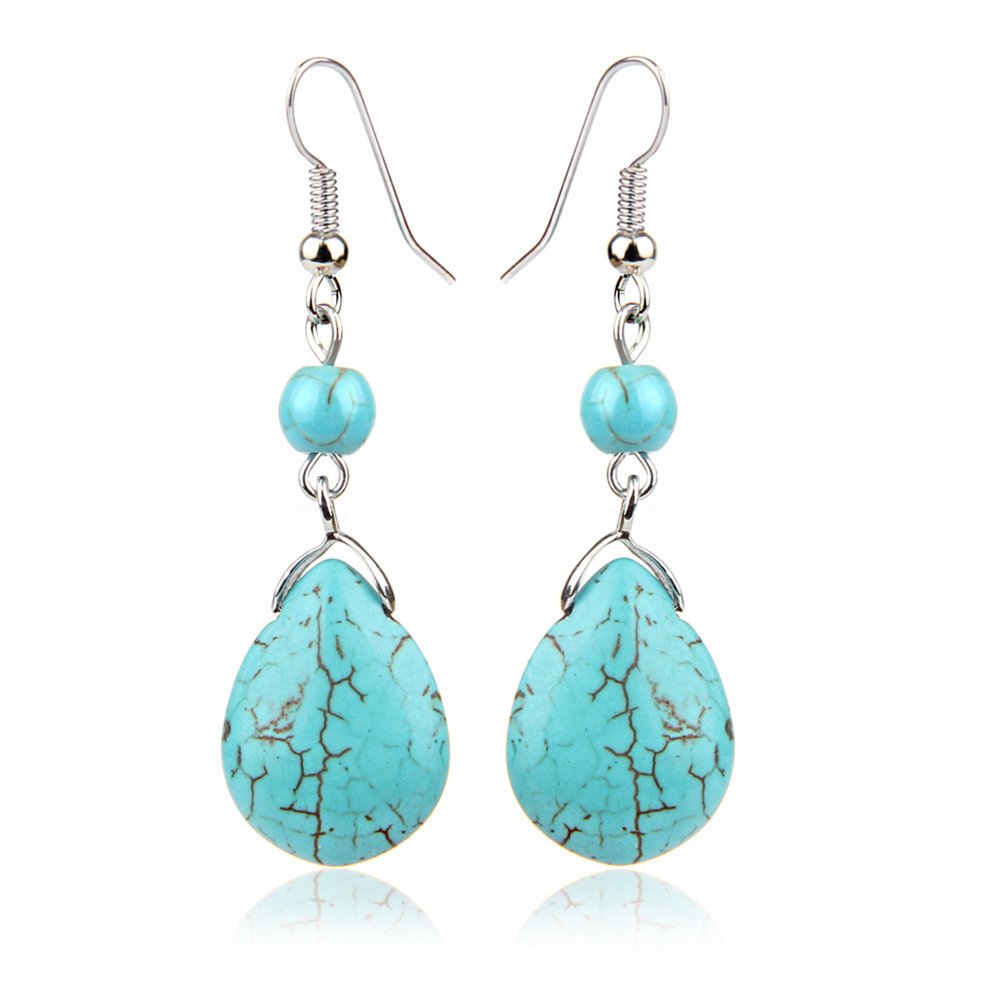 4th of July Earrings Blue Turquoise Drop Earrings Double Stone Round Bead Independence Day Dangle Earring for Women Fashion Jewelry Gift­ (E:blue)