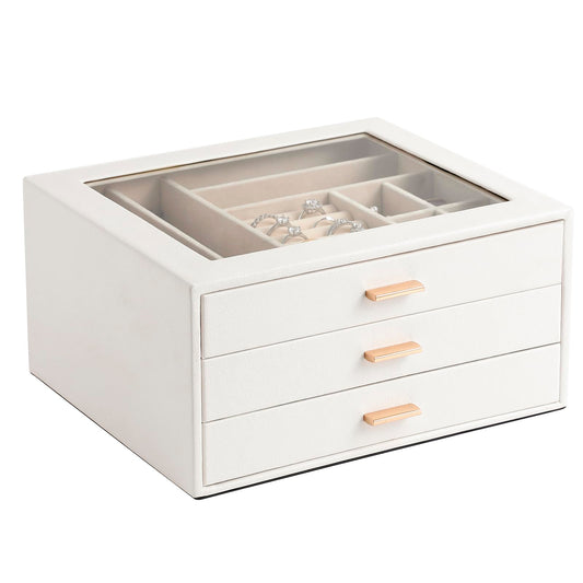 GLOBAL KA Jewelry Box with Glass Lid,3-Layer Jewelry Boxes for Women,PU Leather Jewelry Organizer with 20-Grid Earring Drawer & Movable Dividers for Necklaces Rings - Cloud White