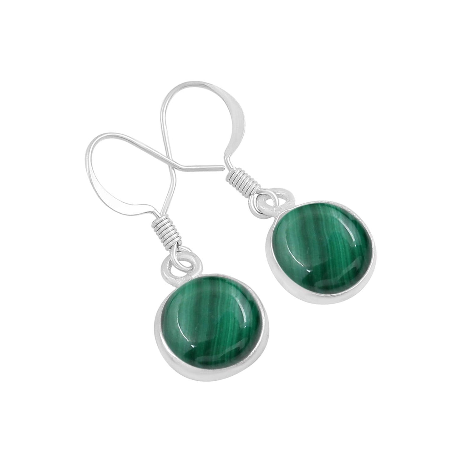 Natural Malachite 925 Silver Plated Dangle Earrings for Women - Round Shape Green Color Gemstone September Birthstone Handmade Jewelry Earrings - Mother's Day Gift for Mom