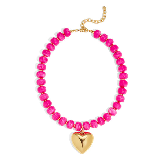 ENSKEFEN Chunky Necklaces for Women Rose Red Resin Beaded Choker Necklace Big Gold Puffy Heart Pendant Necklace Trendy Statement Necklace Jewelry