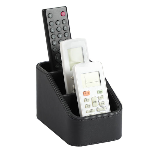 NICLNGSH PU Leather Remote Control Holder, Small Desk Organizer Office Supply Bedside Caddy for Nightstand End Table Couch, Pen Remote Organizer with 3 Compartments (Black)