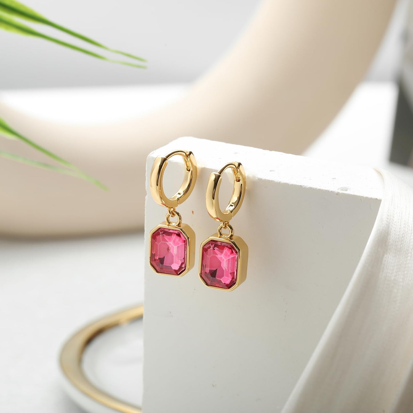 Birthstone Crystal Dangle Drop Earrings, 18K Gold Plated Huggie Hoop Hypoallergenic Earring Jewelry Gifts for Women (Hot Pink)