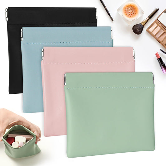 Ruetail Leather Pocket Cosmetic Bag for Purse,4Pcs Waterproof Portable No Zipper Self-closing Cosmetic Bags for Coin Purse Lipstick Cosmetic Accessories Organizer, Travel Kit Storage