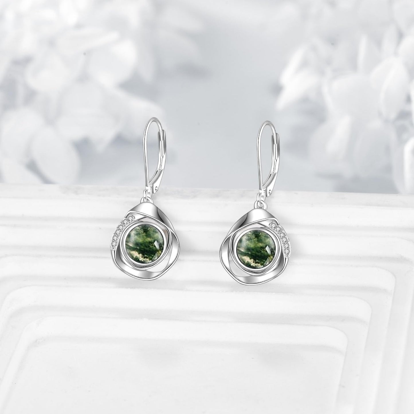 925 Sterling Silver Moss Agate Leverback Earrings Dangle Drop Jewelry Gifts for Women (Moss Agate)
