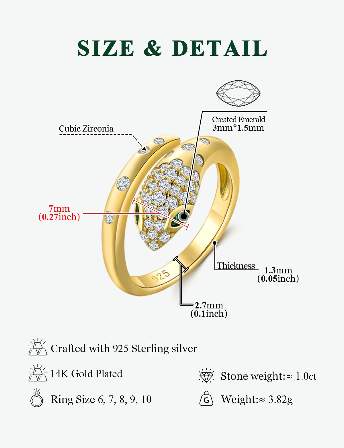 RANDES Snake Ring Sterling Silver Green Emerald Cubic Zirconia Statement Cocktail Rings for Women Men Adjustable Fashion Punk Jewelry Size 10