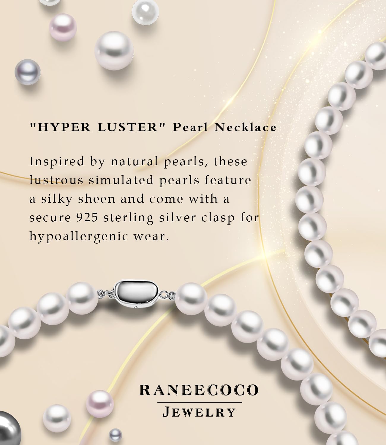Raneecoco HYPER LUSTER Sterling Silver 10mm White Round Simulated Pearl Necklace for Women | Dainty 16 inch Pearl Choker Necklace | Gift Ready for Wedding