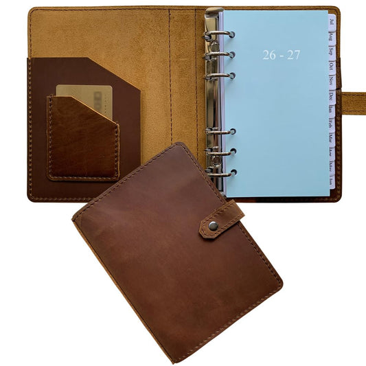 2026-2027 Weekly Leather Planner - A6 Genuine Leather Binder Planner for Men and Women, Inner Pockets and Pen Holder, Personal Size