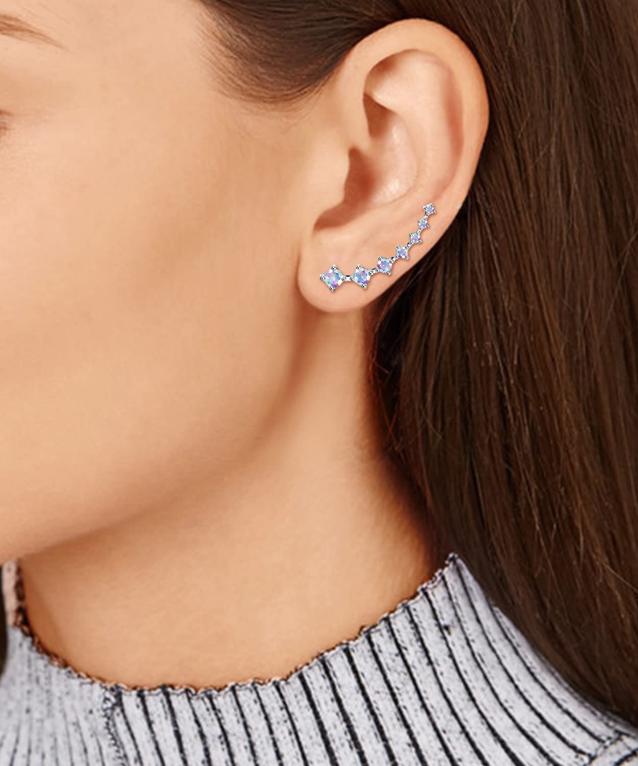 Sterling Silver 7 Crystals Ear Cuffs Climber Cartilage Earrings Dainty Trendy Jewelry Hypoallergenic Fashion Earring Charms Birthday Gift for Women (White Colorful)