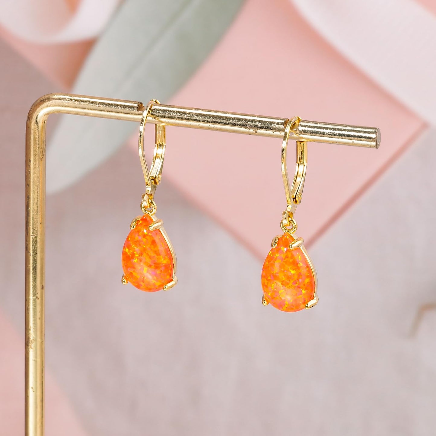 CiNily Teardrop Leverback Dangle Earrings for Women Hypoallergenic Orange Opal Pendant Drop Earrings 14K Gold Plated Hanging Lever Earrings Jewelry for Sensitive Ears