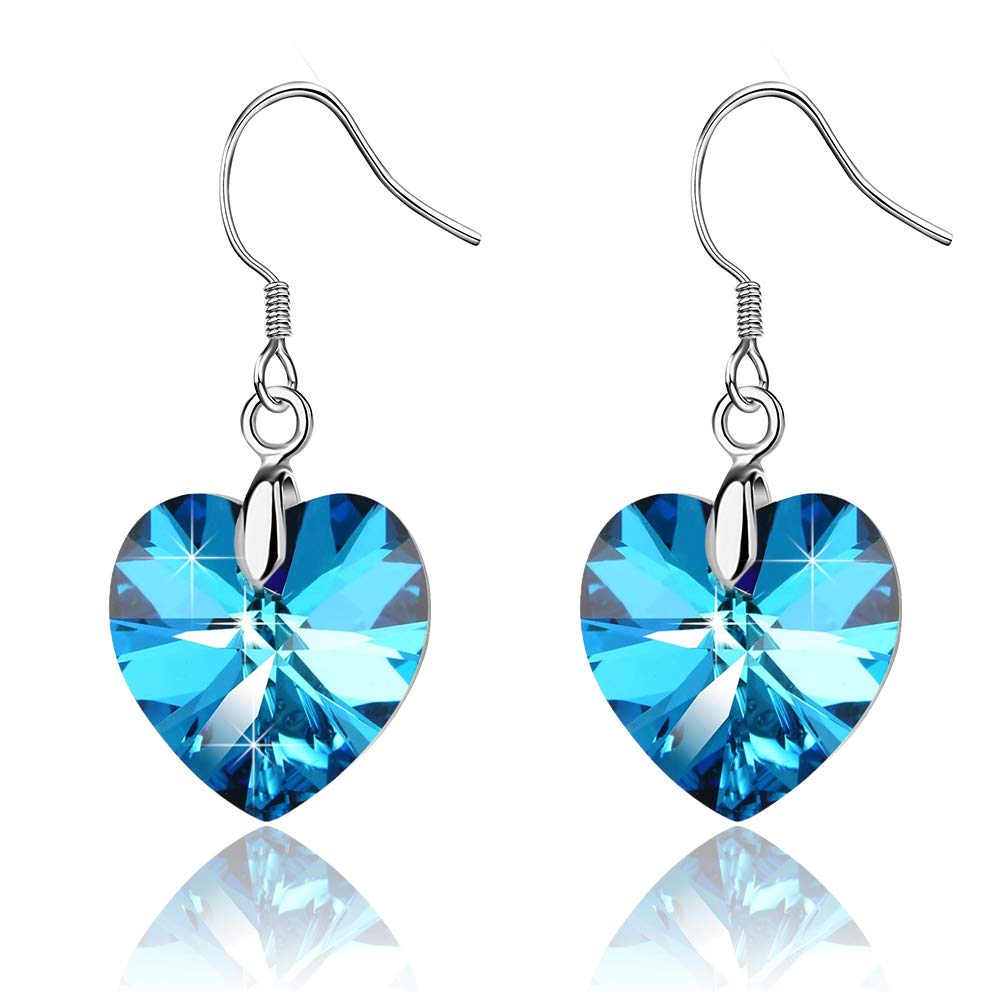 Austrian Crystal Heart Drop Dangle Earrings for Women 925 Sterling Silver Hook Hypoallergenic Earring (Bermuda Blue)