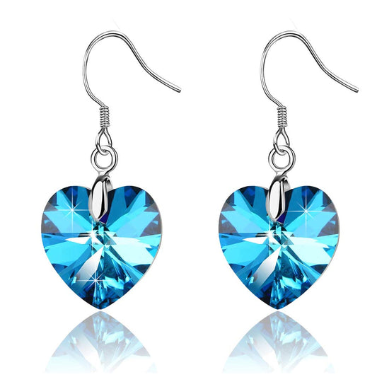 Austrian Crystal Heart Drop Dangle Earrings for Women 925 Sterling Silver Hook Hypoallergenic Earring (Bermuda Blue)