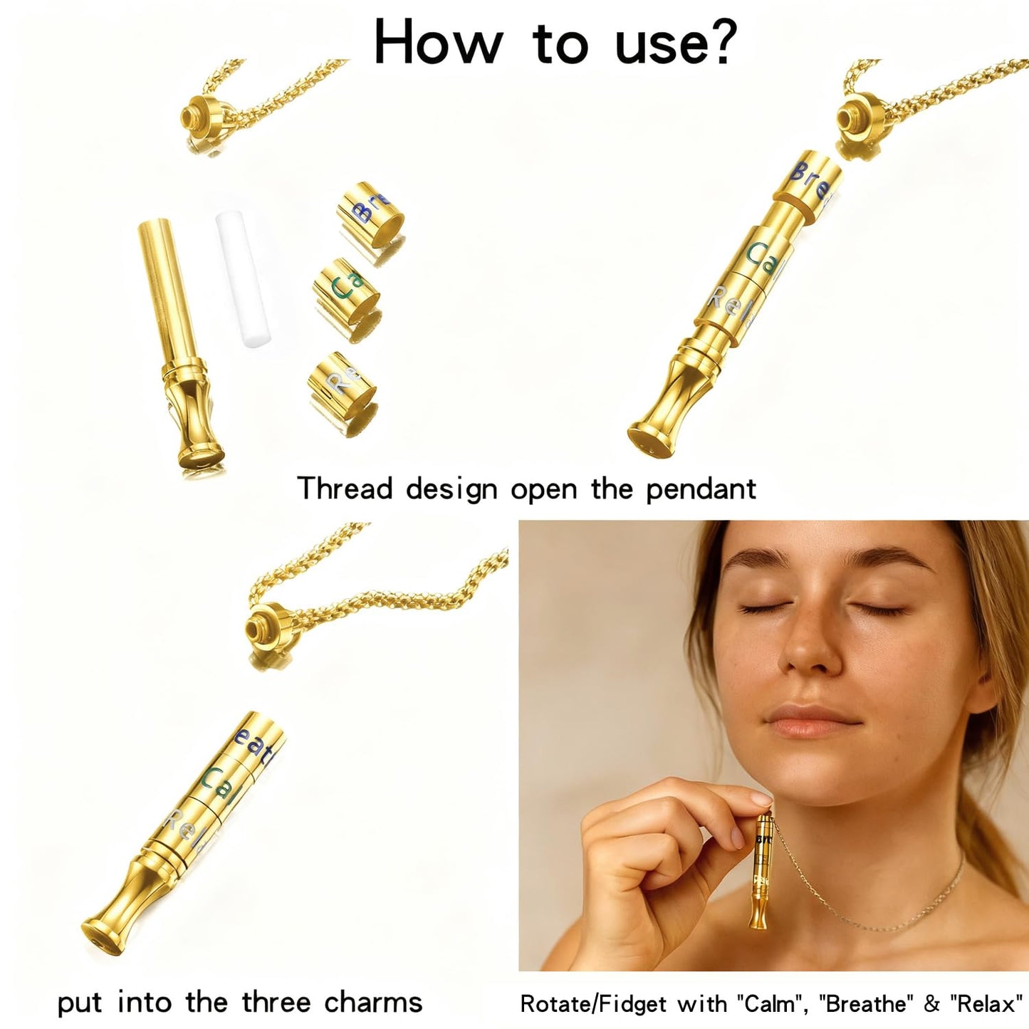 Fidget Necklace with Spinning Calm, Breathe, Relax Charms - Sensory Anxiety Relief & Deep Breathing Aid Stainless Steel Necklaces for Women Men (Gold)