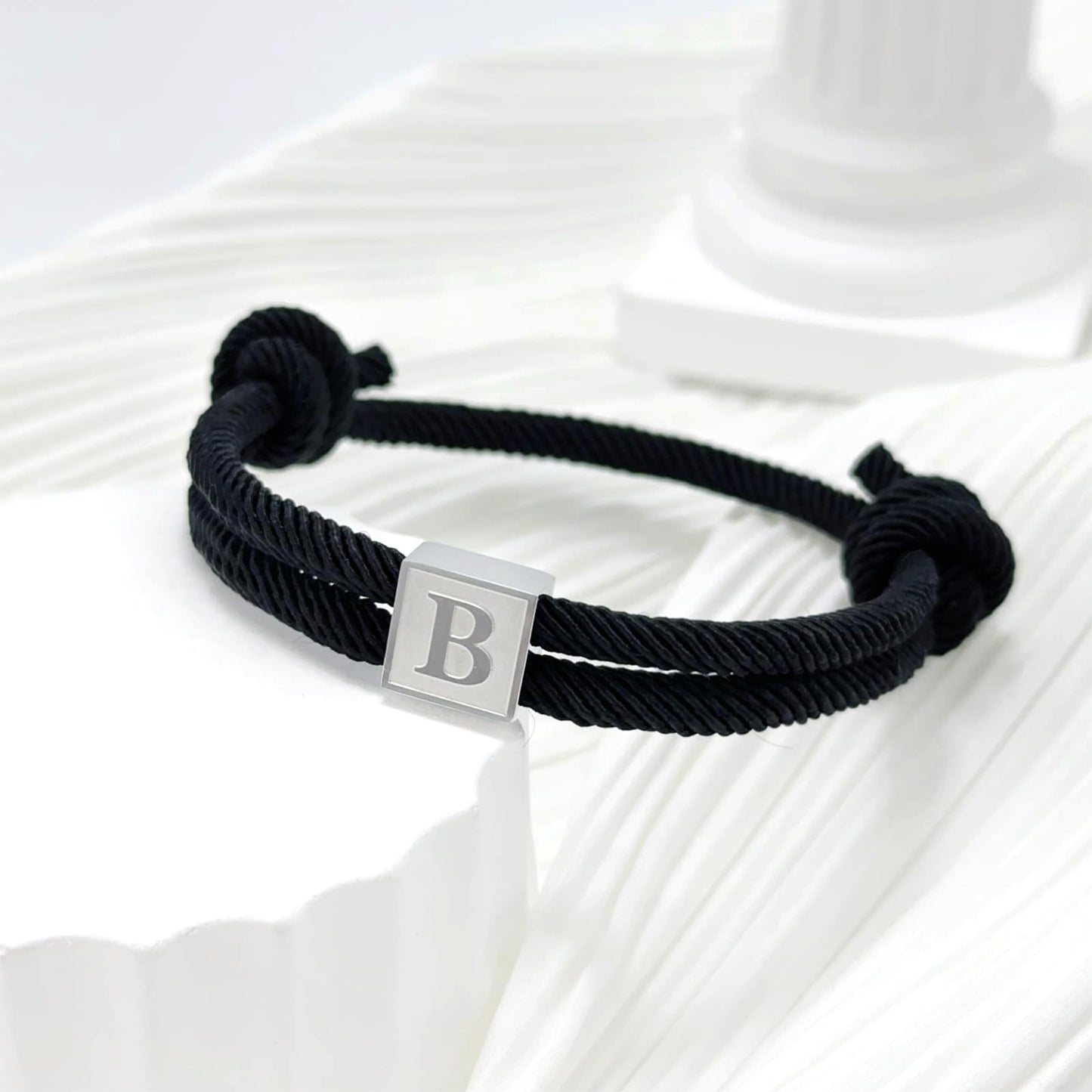 BHDJSHX Personalized Initial Rope Bracelet for Men, Stainless Steel A-Z Letter Charm Bracelet,Adjustable Handmade Braided Black Cord,7-13 Inches,Gifts For Men,Brothers,Son,Boyfriend(C)