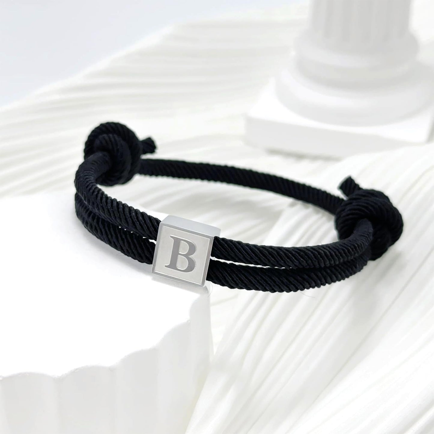 BHDJSHX Personalized Stainless Steel Initial Charm Bracelet for Men - Adjustable Black Braided Cord with A-Z Letter Charm (7-13 Inches) - Unisex Jewelry for Brothers, Son, Boyfriend, or Girlfriend(T)