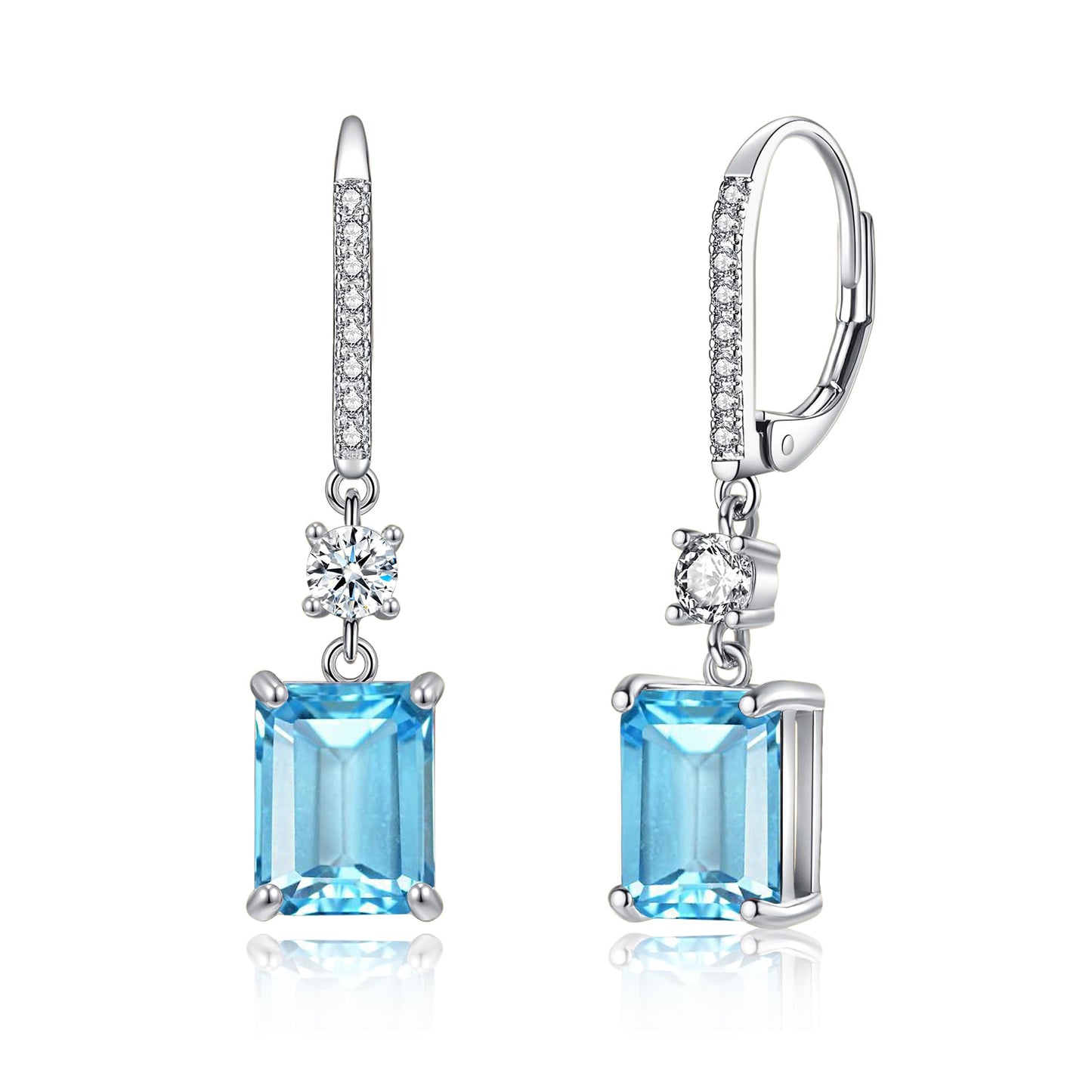 CiNily Leverback Earrings for Women Rectangular-cut Drop Dangle Earring Hypoallergenic, 14K White Gold Plated Blue Cubic Zircon Earrings Diamond Dangle Ear Rings Jewelry Birthday