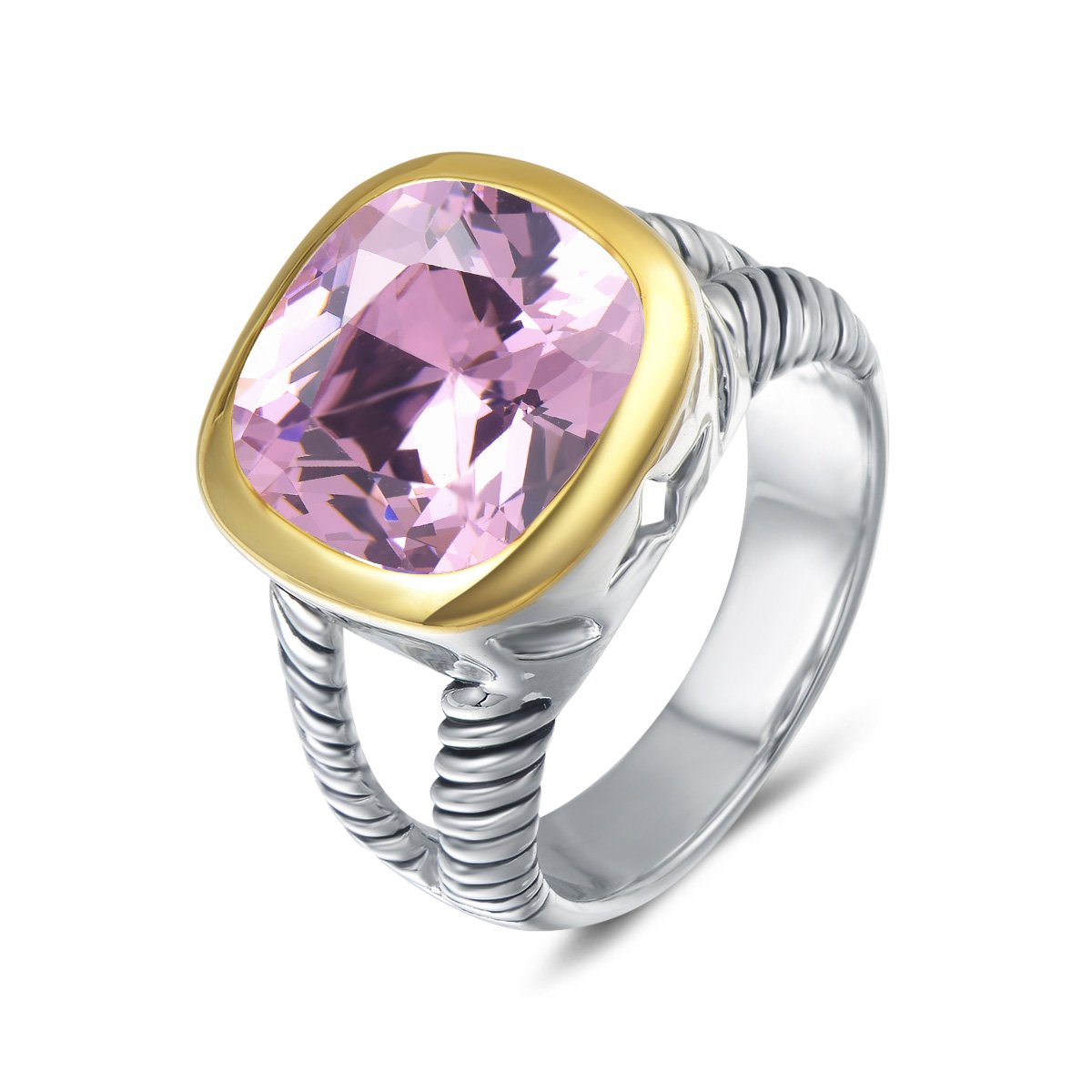 UNY Jewelry Twisted Cable Wire Two Tone Cusion Cut CZ Statement Ring Designer Inspired Fashion Love Antique Women Jewelry Gift (Pink, 7)