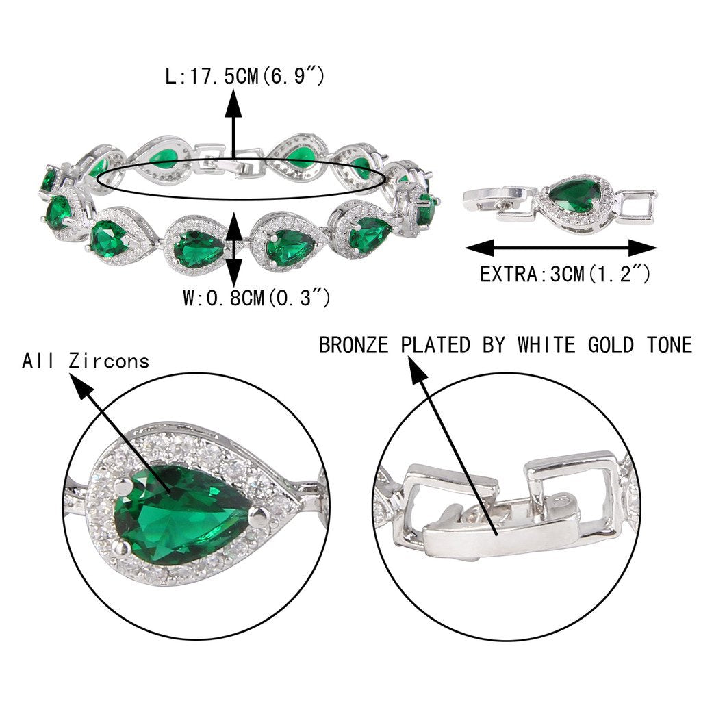 EVER FAITH CZ May Birthstone Elegant Tear Drop Necklace Earrings Bracelet Set Green Emerald-Color