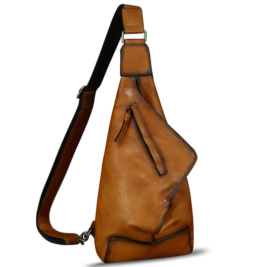 Genuine Leather Sling Bag for Men and Women Vintage Desinger Chest Over Shoulder Crossbody Bag Sling Backpack Purse (Brown)