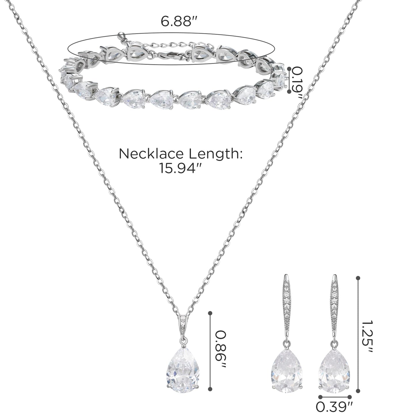 SWEETV Bridal Jewelry Set for Wedding, Cubic Zirconia Crystal Wedding Jewelry Set for Bride Bridesmaid, Crystal Teardrop Pendants Earrings Necklace Bracelet Set for Prom