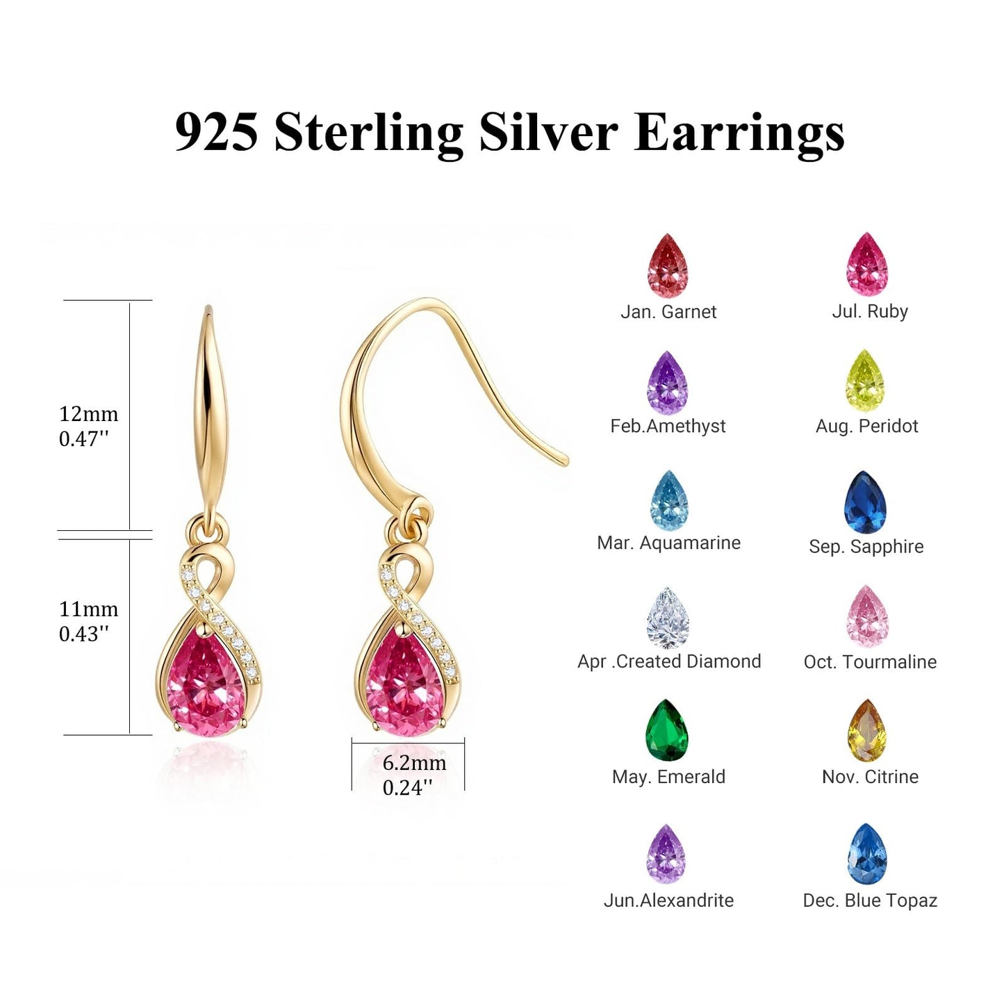 Infinity Birthstone Earrings 18K White Gold Plated 925 Sterling Silver Teardrop Infinity Drop Dangle Earrings Ruby Jewelry Birthday Gifts for Women Her Mother Wife