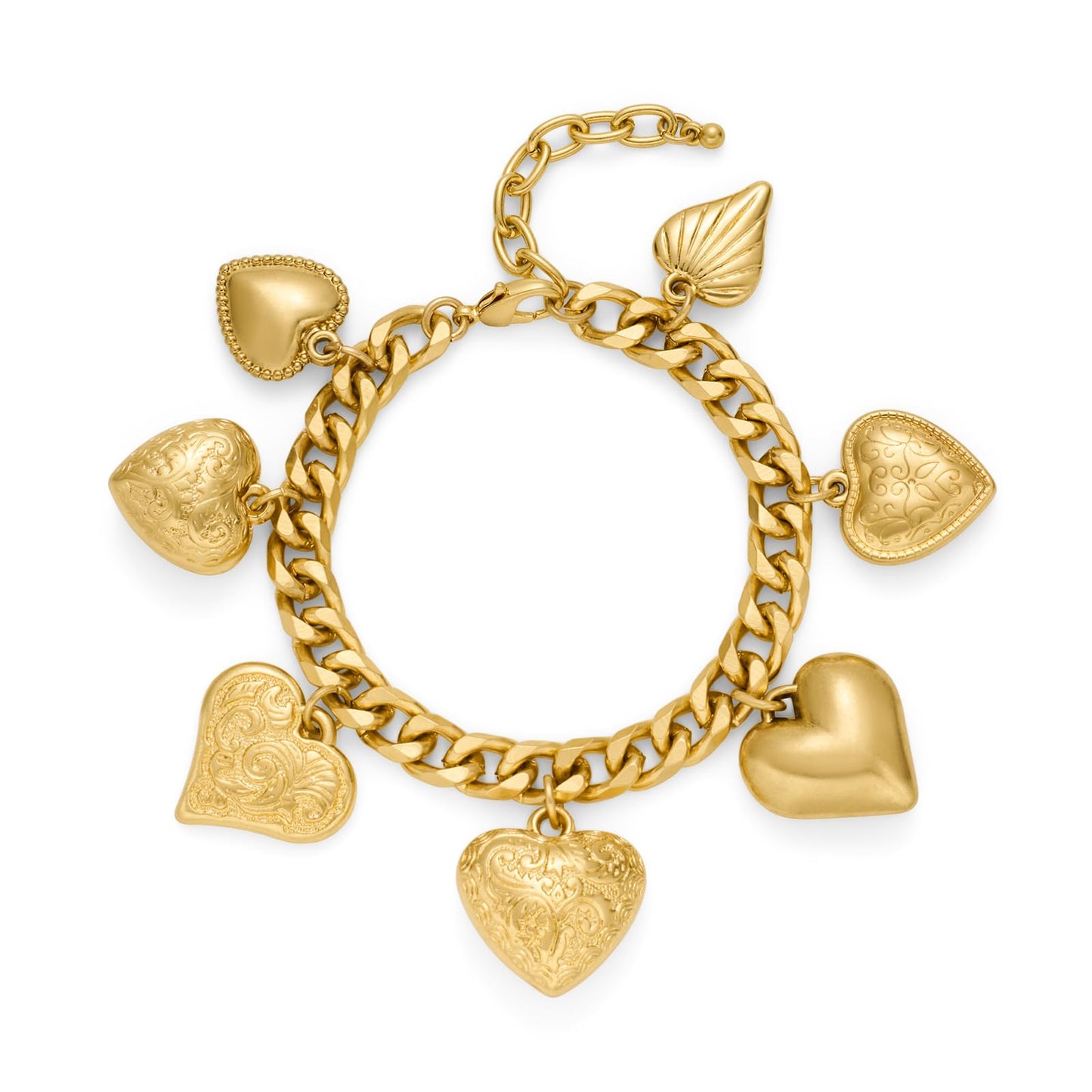 ENSKEFEN Vintage Gold Heart Charm Bracelets for Women Chunky Cuban Chain Bracelet with 7 Love Hearts Charm Adjustable Matte Gold Heart Bracelet